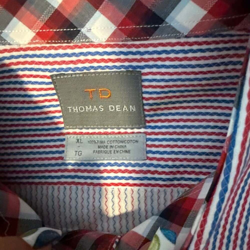 Thomas Dean Button Up Shirt Size XL Red Blue Striped